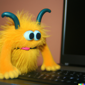 “a yellow, cute fuzzy monster working on a laptop in an office, photo” Profile George × DALL·E Human & AI