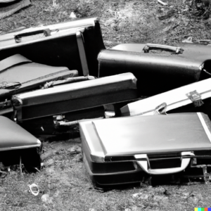 “Stack of briefcases on the ground, artistic photograph” Profile George × DALL·E Human & AI