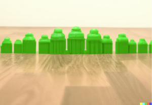 “toy green buildings lined up by size on a wood floor, wide angled photo ” Profile George × DALL·E Human & AI